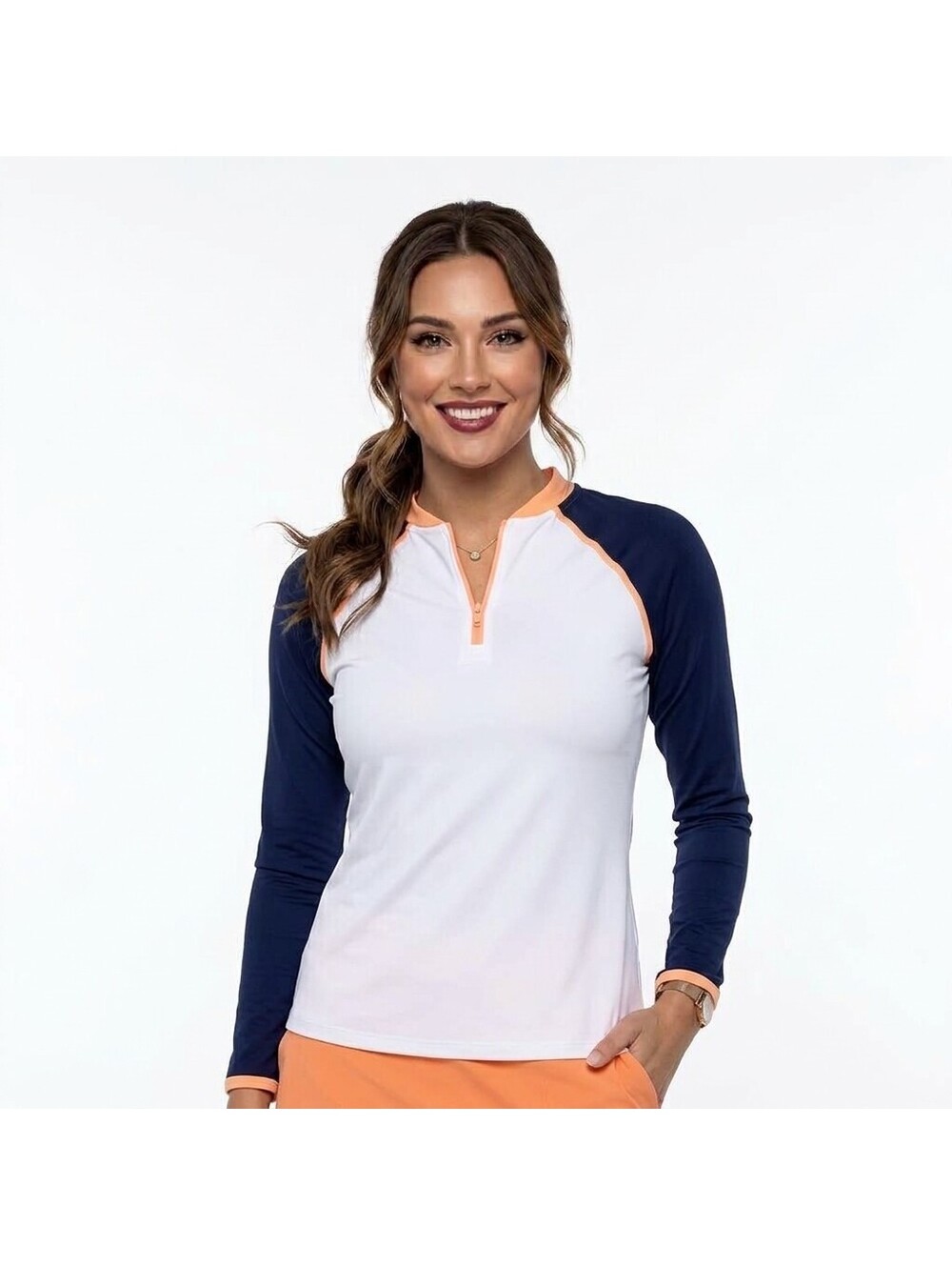 NEW Belyn Key SOPHIA LONG SLEEVE 1/4 ZIP GOLF Top SMALL CHALK / CANTALOUPE NWT